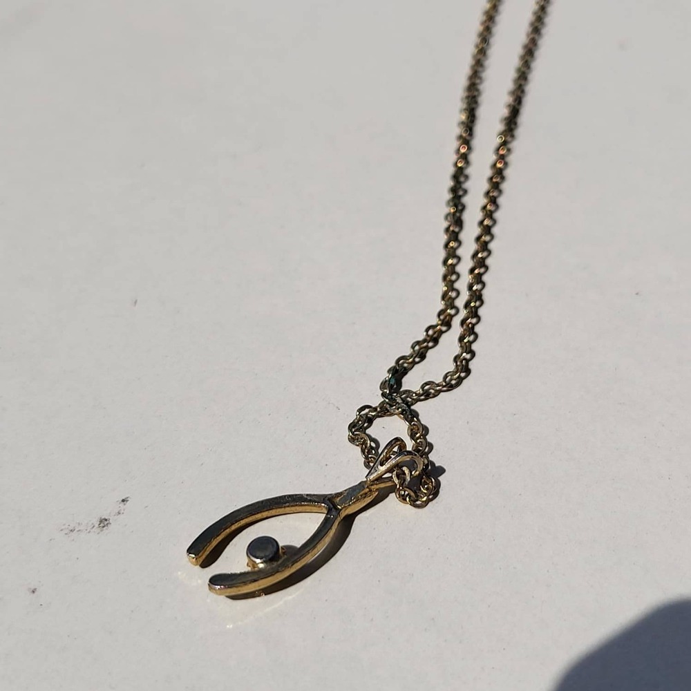 Vintage Gold Tone Metal Wishbone Pendant Clear Stone Accent Necklace - Picture 3 of 7